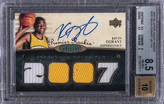 2007-08 UD Premier Rookie Autograph Material #101 Kevin Durant Signed Rookie Patch Autograph Card (#91/199) - BGS NM-MT+ 8.5/BGS 10